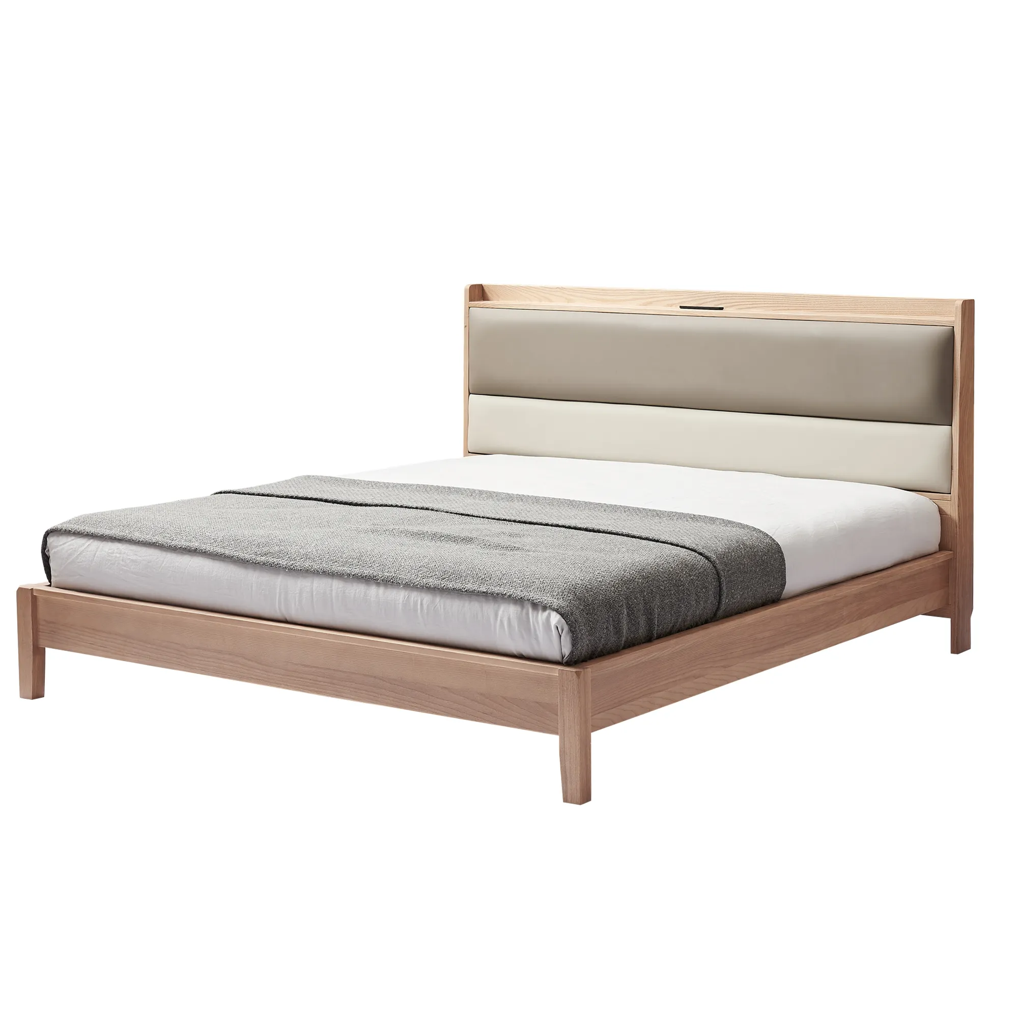 Massief Houten Bed Platform Hout Ash Houten Bekleding Hoofdeinde Bedden Met Usb Mobiele Oplader King Queen Full Size Bedframes