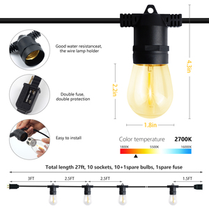 Cadena de luces <span class=keywords><strong>LED</strong></span> para patio exterior, 18/2 SJ27272727ft 10 bombillas impermeables de grado comercial - Product Image 5