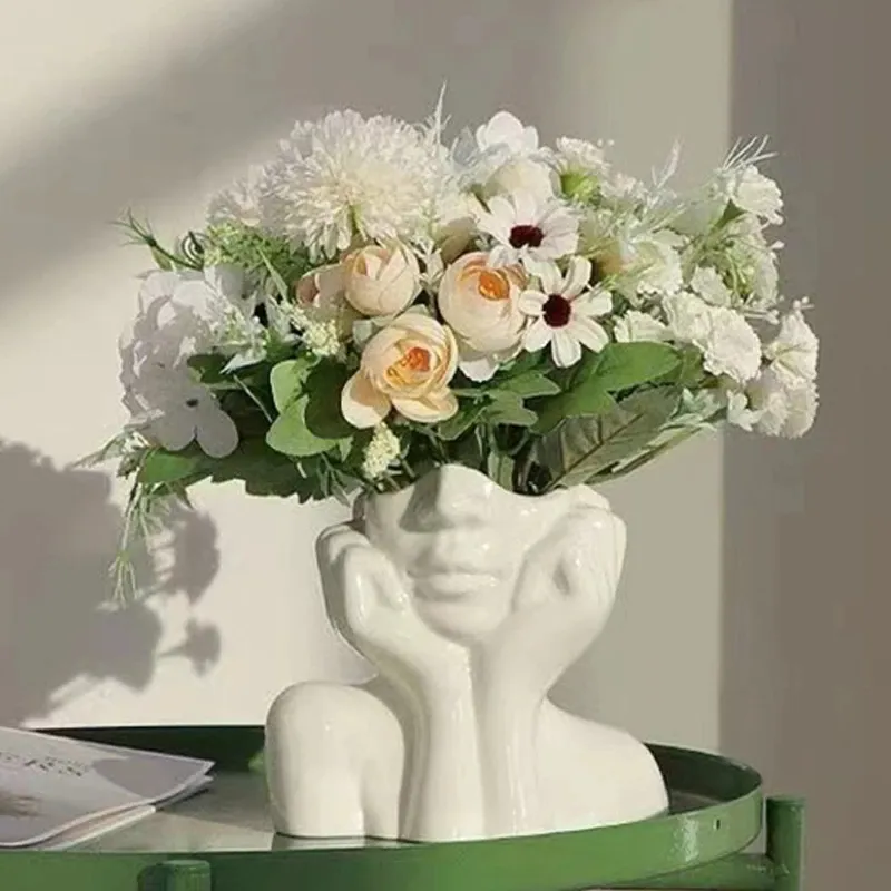 Terlaris Patung Kreatif Seni Tubuh Abstrak Pot Bunga Tanaman Dekorasi Rumah Vas Putih Wajah Manusia Vas Bunga Keramik