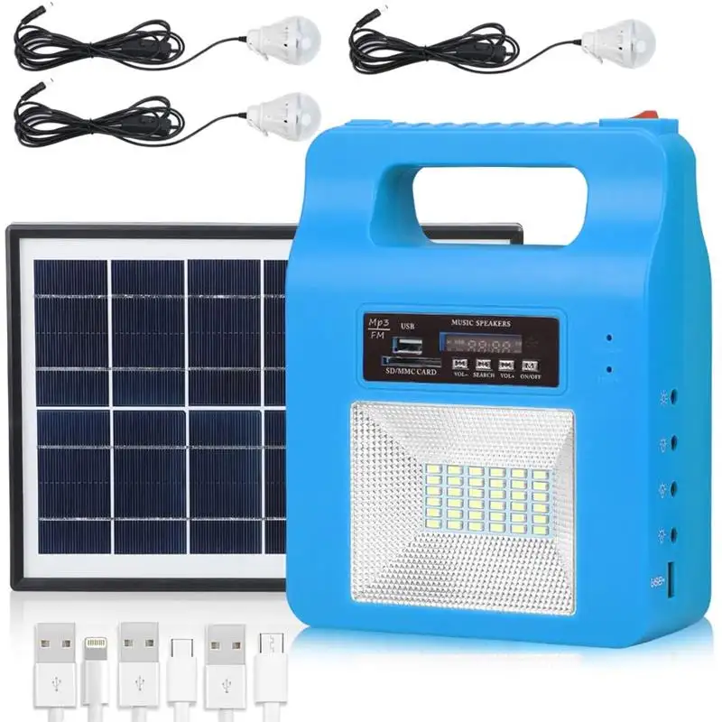 Portable Solar Powered Generator Kit Lighting Home System Outdoor Camping Emergency Power Supply System Including MP3 FM Radio