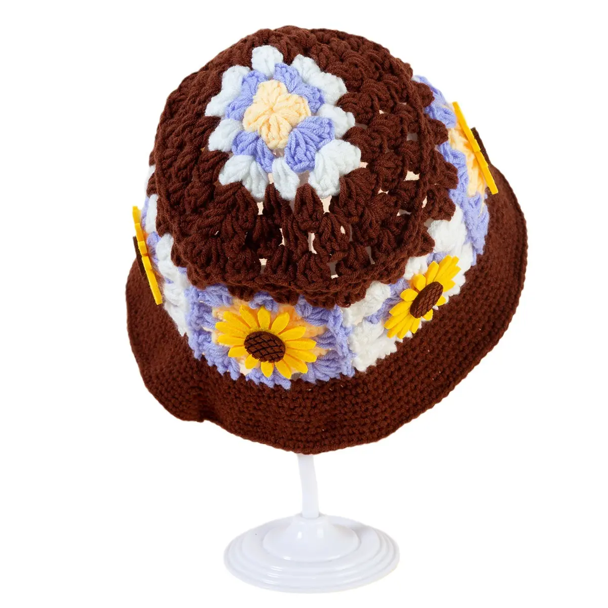 Sombrero de cubo de ganchillo con flores de sol para mujer, sombrero de playa plegable hecho a mano con patrón de flores, sombreros de pescador calados