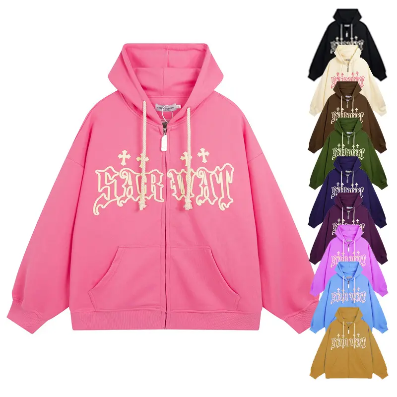 Gratis Ontwerp Oem Odm Anti-Pilling Zware Dikke Franse Fleece Custom Full Rits Up Hoodie Puff Print Fabrikant Voor Merken Eigenaar