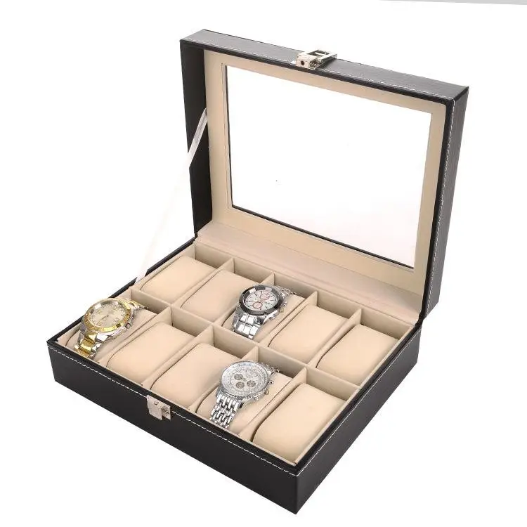 Caixa de relógio de pulso, caixa de madeira preta organizadora para armazenamento de joias, caixa com janela de vidro 10 peças/ctn