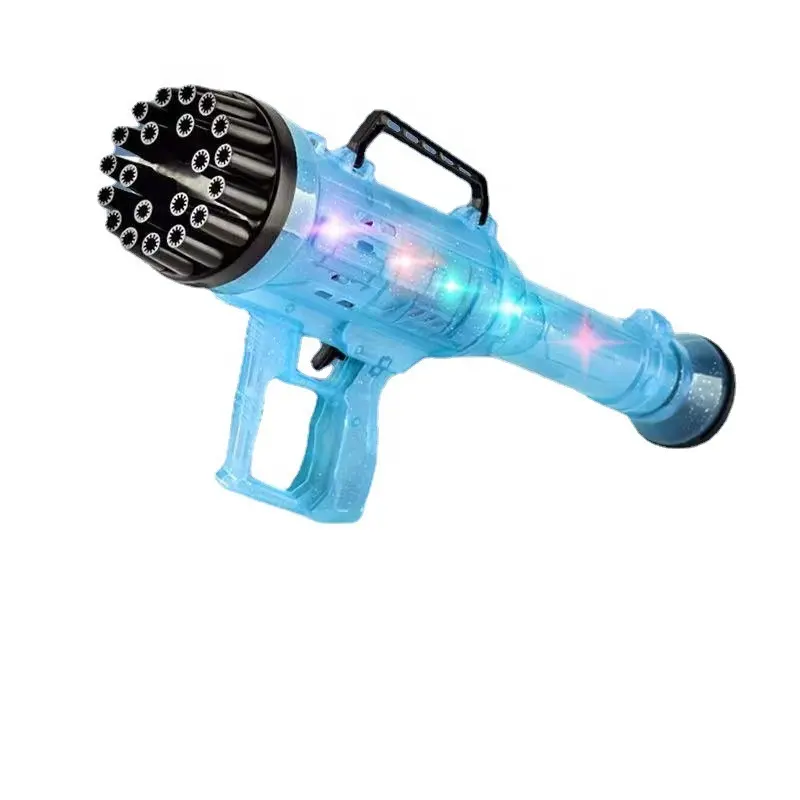 Fábrica al por mayor al aire libre 21 agujeros plástico Gatling Shooter pistola de burbujas máquina de juguete luces juego de soplado de burbujas para niños
