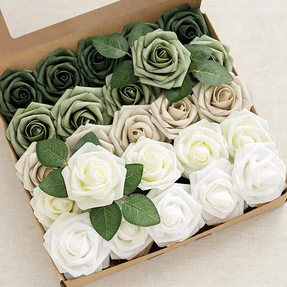 Hint düğün dekorasyon yapay tonları zümrüt ve Tawny bej köpük güller yapay çiçekler yeşillik garland için