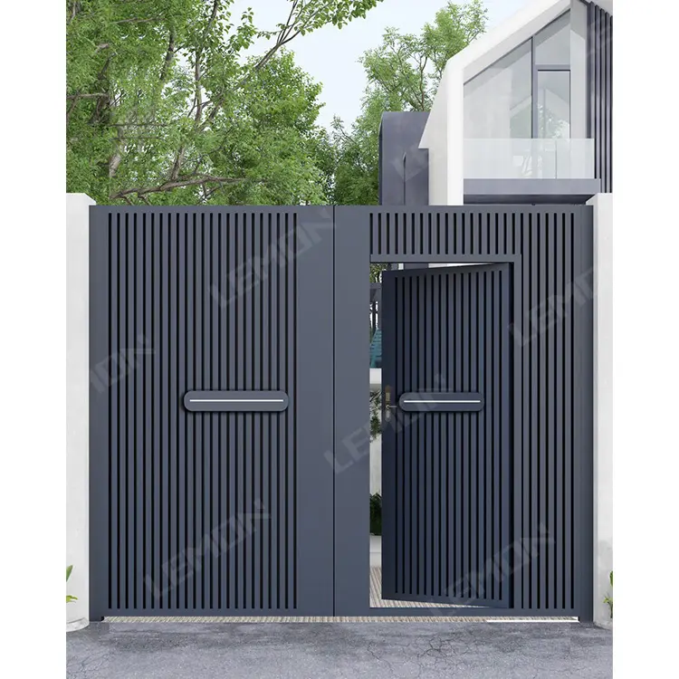 Puerta de entrada de hierro con diseño de parrilla de seguridad para jardín, puerta de entrada automática de aluminio