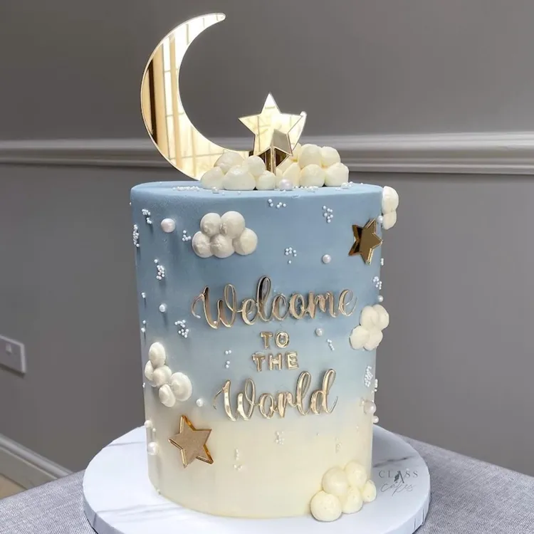 Bem-vindo ao mundo acrílico bolo topper com estrelas lua decoração bolo recém-nascido chá de bebê festa decoração suprimentos sq119