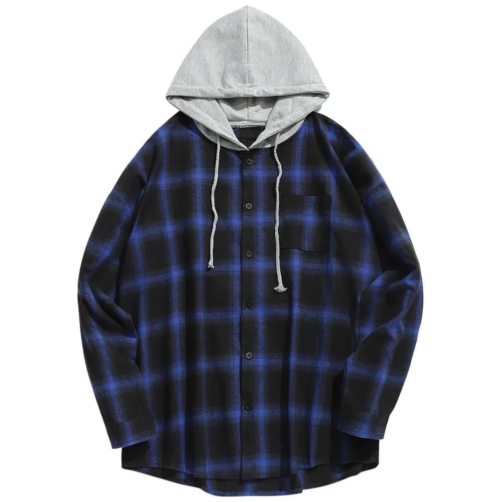 Button Front Check Hooded Shirt With Chest Pocket Plaid Shirt