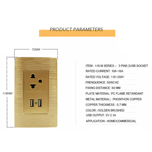 Enchufe de pared multifunción US de 3 pines con doble USB 2.1A, enchufe de pared con Panel dorado, tipo 118 - Product Image 2