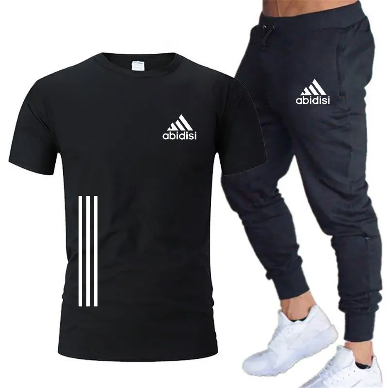 Özelleştirilmiş yaz moda erkek eğlence spor koşu seti gevşek büyük kısa kollu T-shirt/pantolon iki parçalı Set