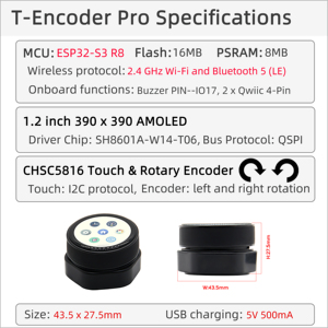 LILYGO T-Encoder-Pro ESP32-S3 Rotary Encoder CHSC5816 ESP32-S3FN4R2 Circuit Board 1.2 Inch AMOLED Touch Display Wireless Module
