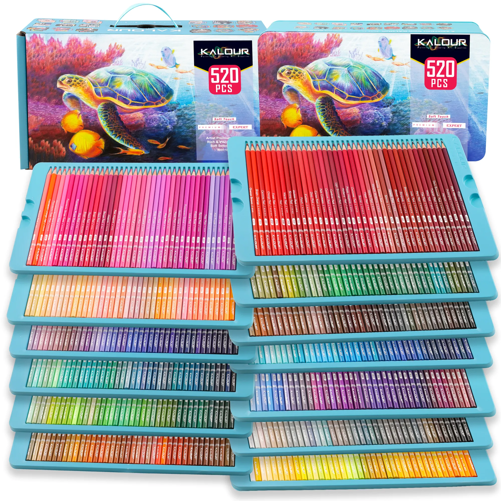 Ensemble de crayons de couleur KALOUR 520 dans une boîte en fer blanc avec des crayons de couleur 520 de qualité supérieure pour dessiner et dessiner comme fournitures d'art et cadeau