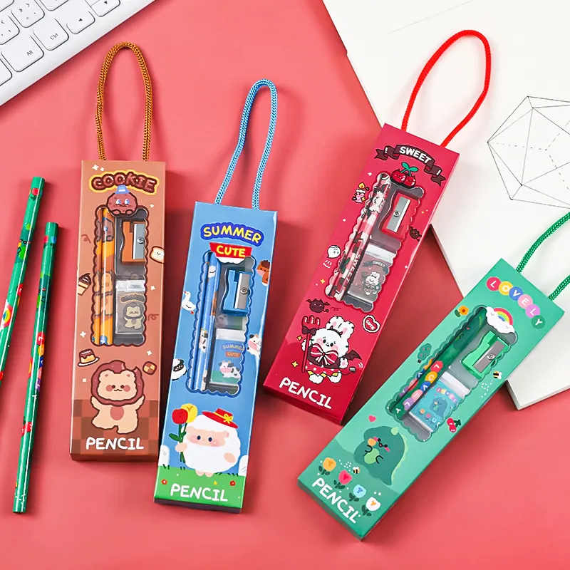 Özel OEM promosyon çocuk tükenmez kalem renkli kurşun kalem silgi masa ucuz hediye ofis kırtasiye seti okul çocukları için