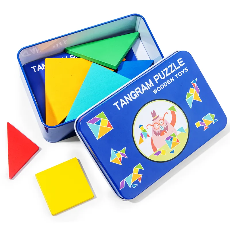 2023 Novo Produto Ferro Caixa De Madeira Tangram Puzzle Tangrams Egg Coração Jigsaw Quatro Estilos Baby Enlightenment Brinquedos para Crianças CE