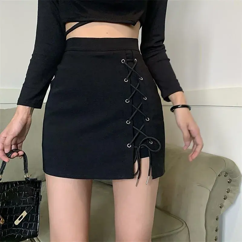 Minissaia preta de cintura alta gótica feminina sexy bolsa de bandagem curta hip saia feminina coreana slim francês