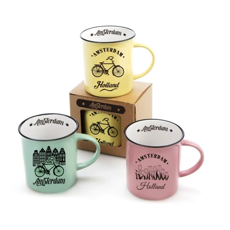 Taza de café de regalo de recuerdo de cerámica personalizada diseño bonito pintado a mano esmalte en relieve taza de molino de viento para acampar