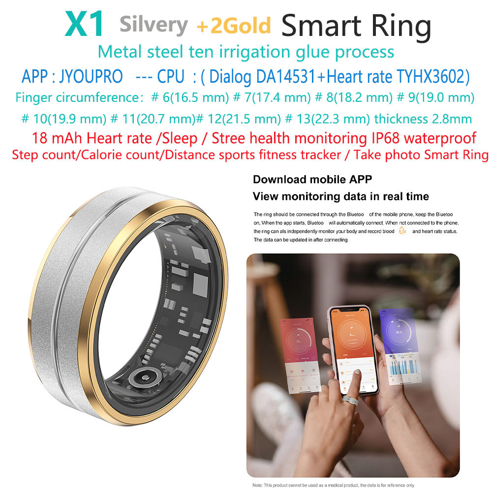 เงิน + 2 X1-sleep-health-sport-fitness-smart-ring เหล็กทอง