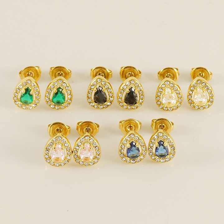 18K Gold Plated Stainless Steel Stud Earrings Heart Square Round Stud Earring for Women Cubic Zirconia Birthstone