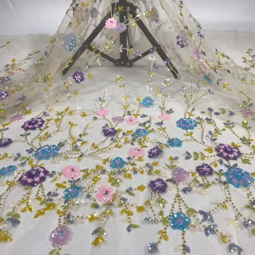Haute qualité multicolore mariée luxe Sequin 3D broderie cristal strass perles dentelle tissu pour mariage