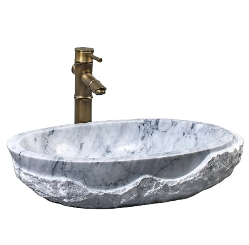 Fregadero de baño de piedra natural de Carrara, diseño único, lavabo de mármol blanco