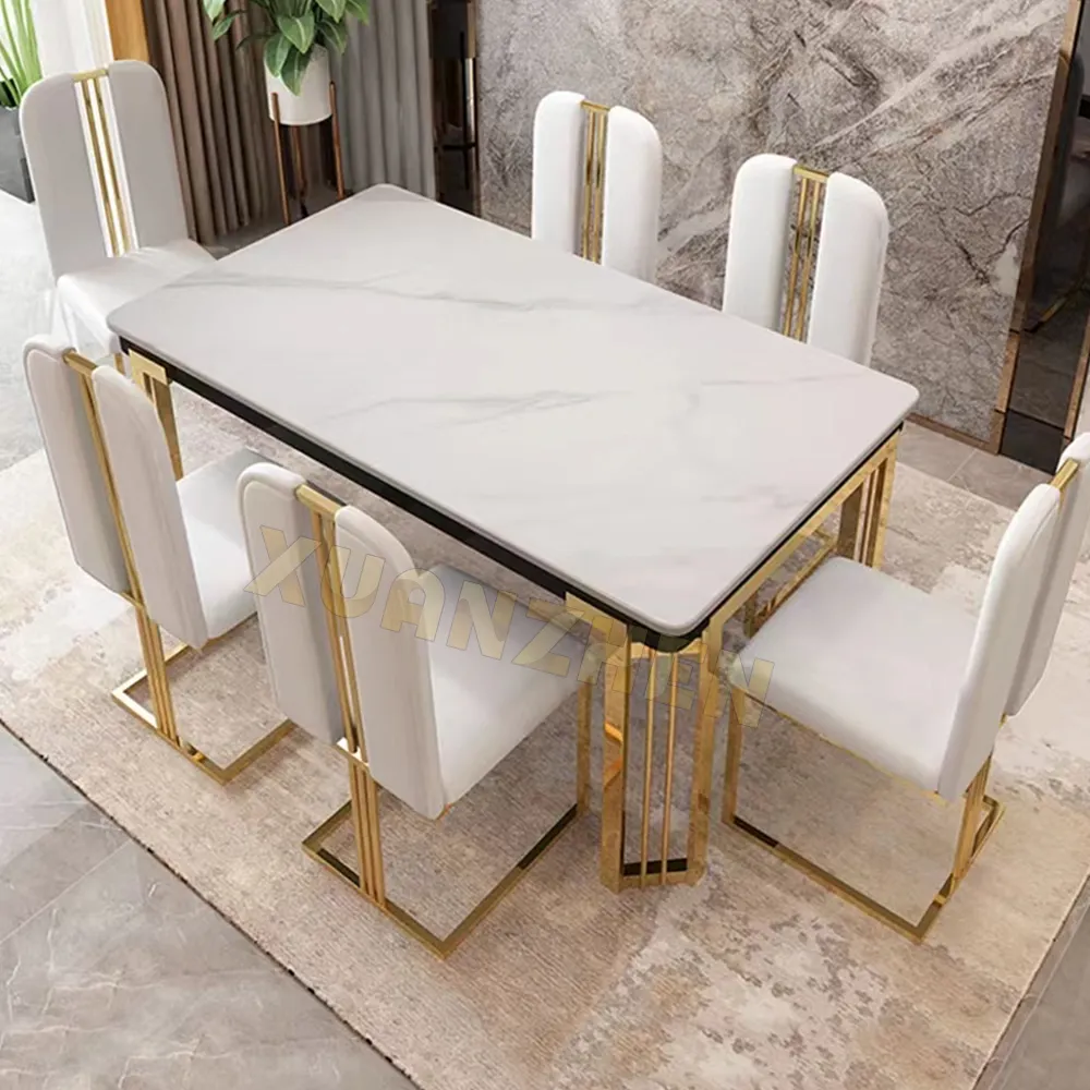 Mesa de comedor de mármol con base de acero inoxidable, muebles para restaurante, venta al por mayor