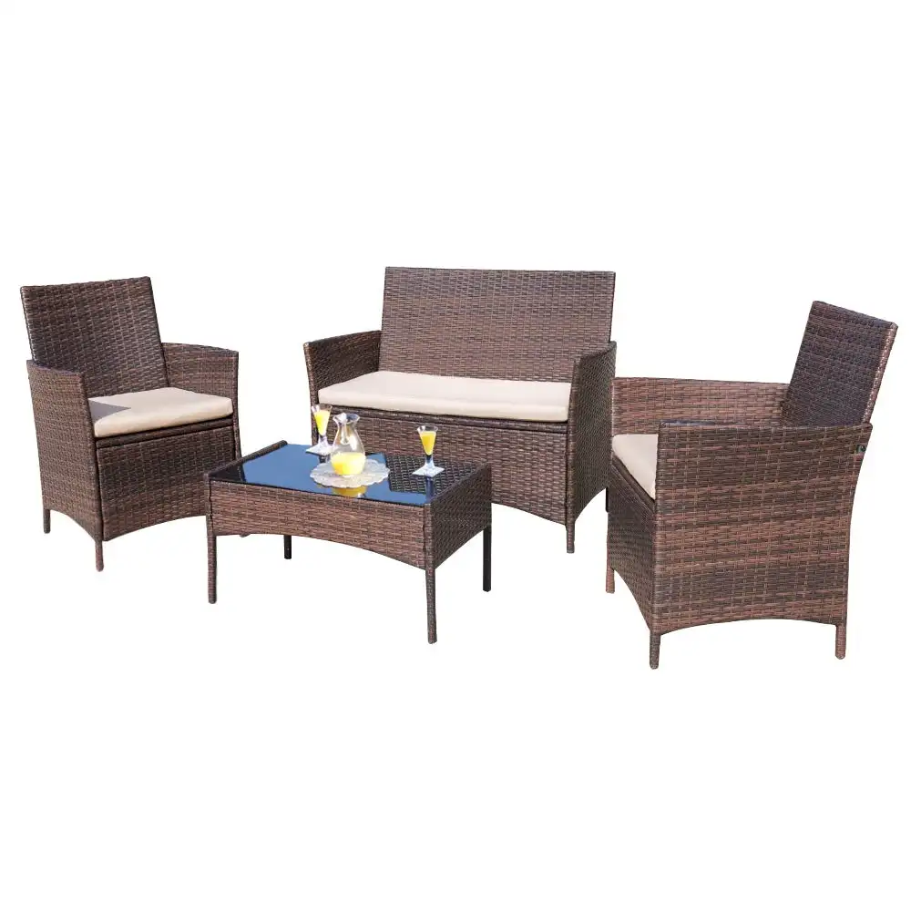 Mobilier de patio extérieur 4 pièces Sofa de jardin en osier brun avec revêtement et table en verre pour patio, piscine ou arrière-cour