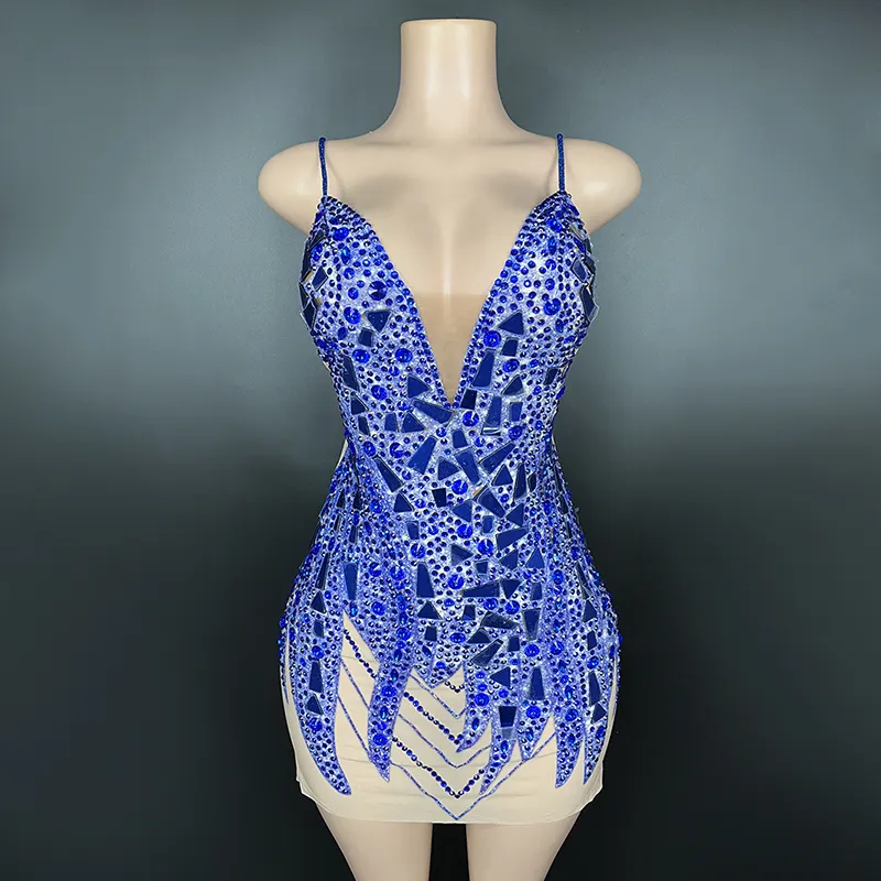 Novance Y2803 robe pour femmes nouveaux Styles 2024 robe bleu Royal élégante Mini robe Sexy sans manches luxe femmes strass