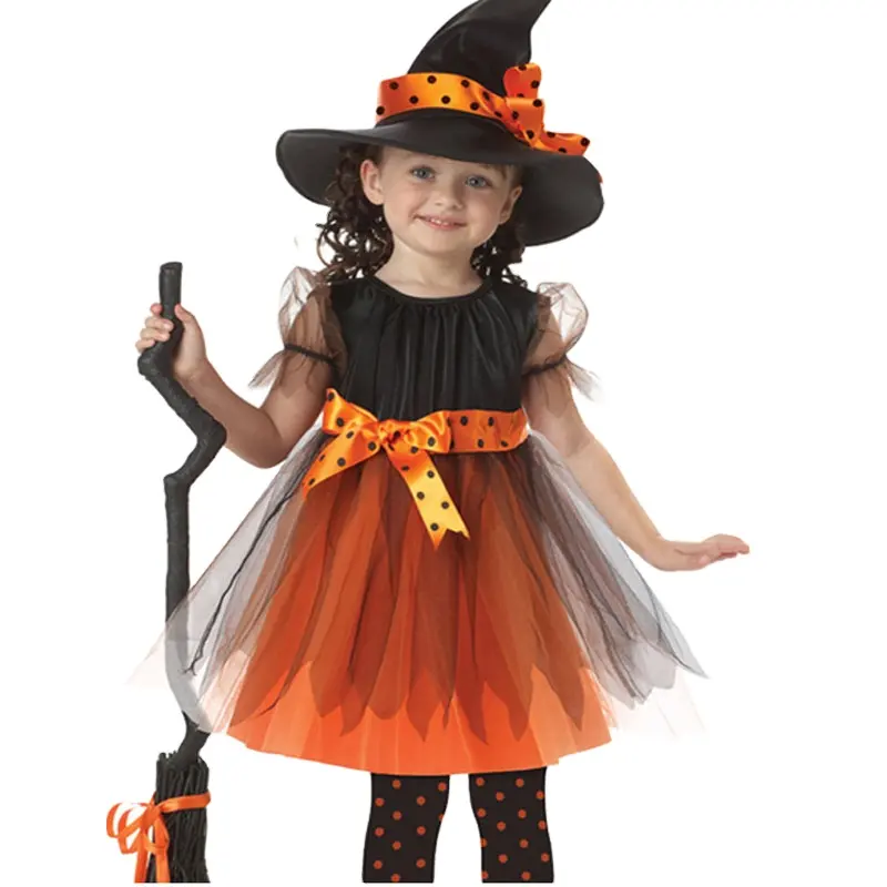 Disfraz clásico de bruja para niños pequeños, ropa de Halloween para niña, conjunto de vestido Vintage para fiesta de Halloween con sombrero