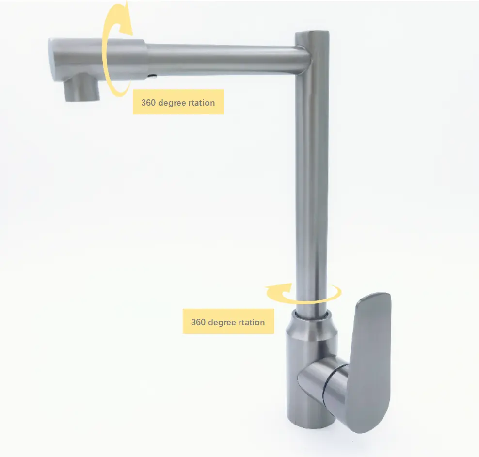 Robinet de lavabo moderne à une poignée Pistolet rotatif à 360 degrés en acier inoxydable gris Robinet de salle de bain surélevé à un trou