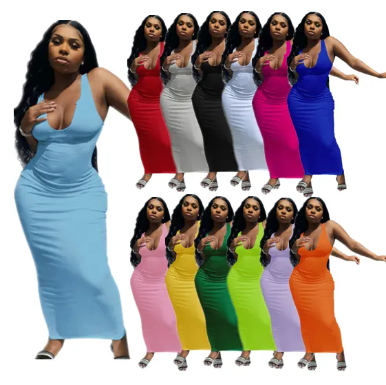 2024 Color sólido de talla grande verano vestido largo Sexy Casual Bodycon vestidos mujeres Casual Maxi vestidos Sundress