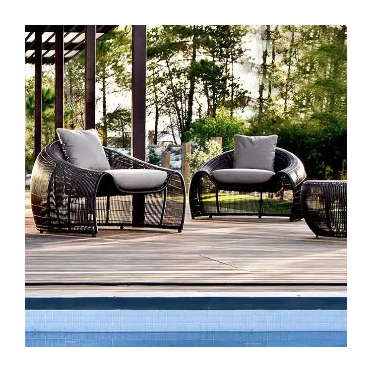 Diseño moderno al aire libre mimbre media luna sofá silla conjunto Villa patio jardín ratán sofá muebles