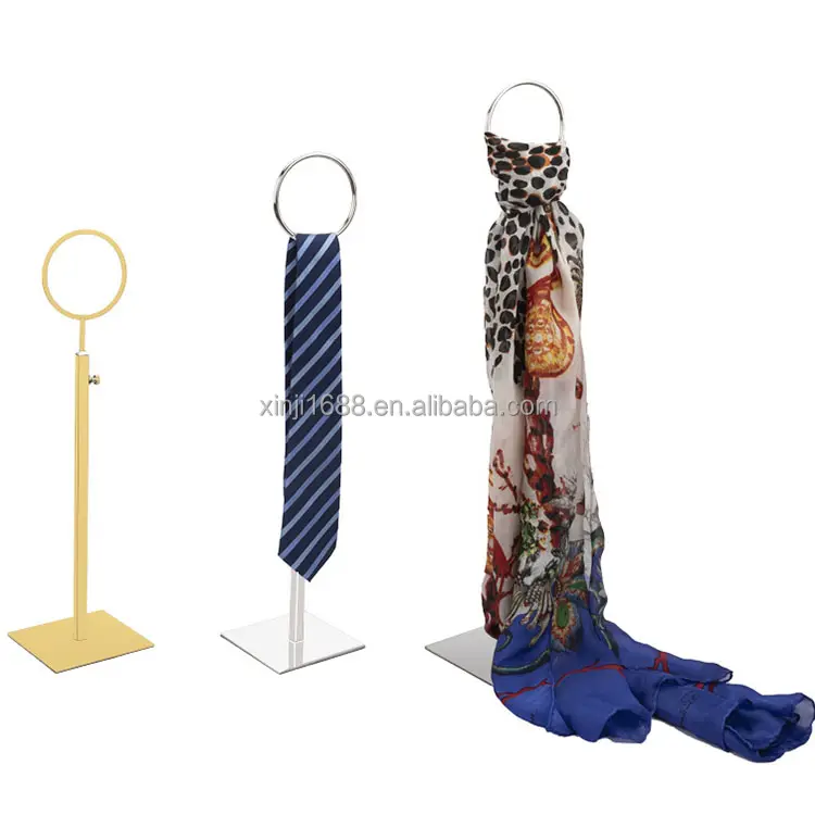 Soporte de exhibición para bufandas de Metal de altura ajustable, estante de exhibición para bufanda de seda de oro y titanio cepillado, venta al por mayor