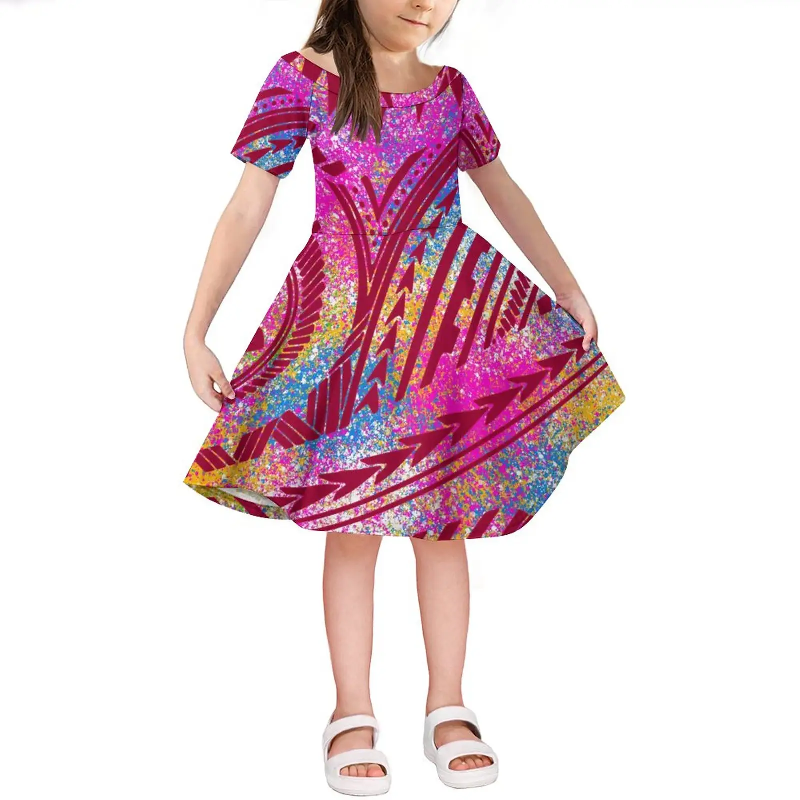 1 QUANTITÉ MINIMALE DE COMMANDE Polynésien Elei Tribal Design Bébé Filles Robe Offre Spéciale D'été À Manches Courtes Robes de Soirée Personnalisé Enfants Vêtements Taille 1-15Y