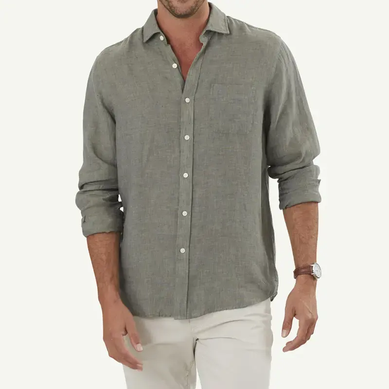 Camisa dos homens de linho simples puro camisas masculinas de linho para homens manga longa 100% camisas de linho