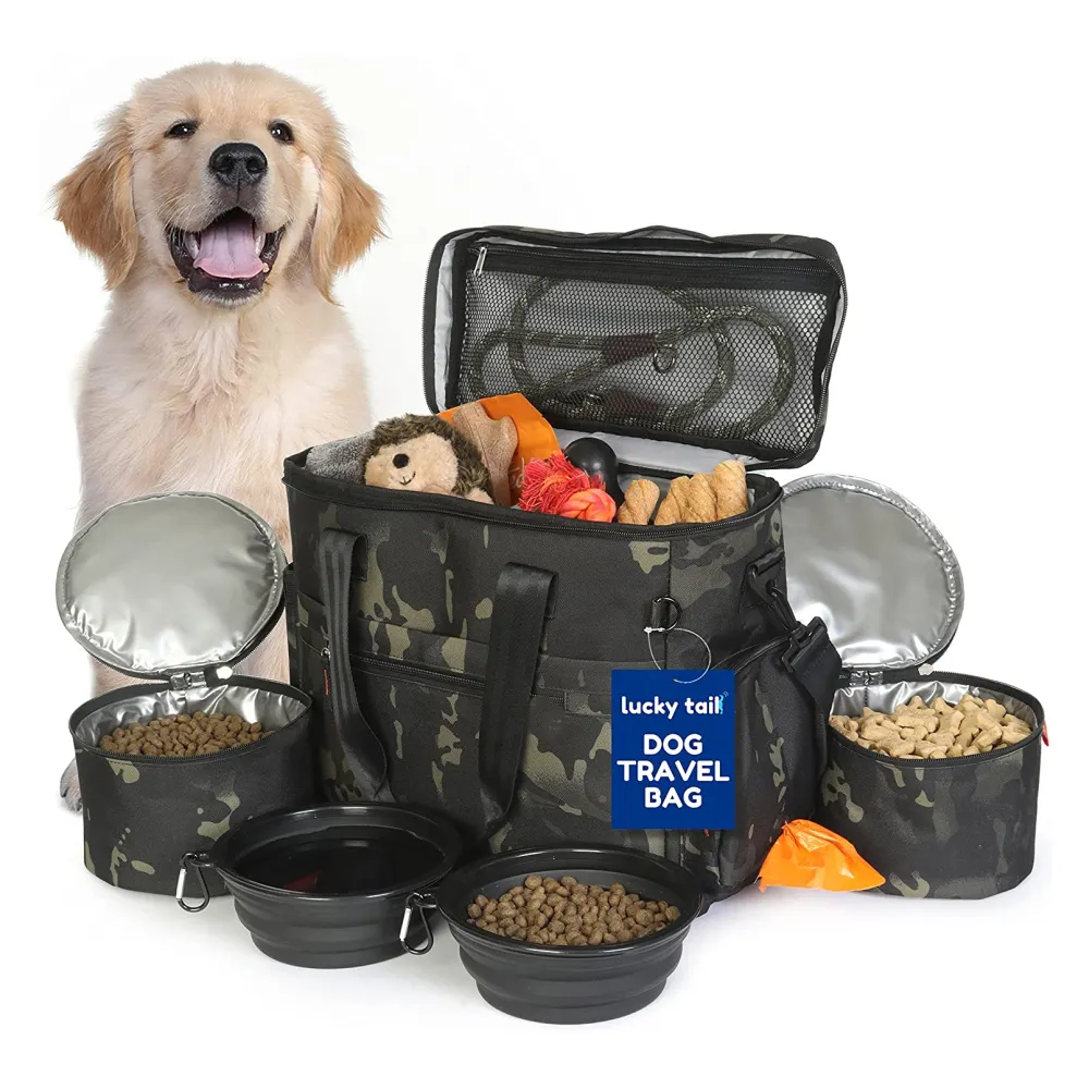 QQgift borsa da viaggio per cani personalizzata OEM per forniture di Lucky Tail - Set include borsa da viaggio per animali domestici Organizer 2 ciotole per cani pieghevoli