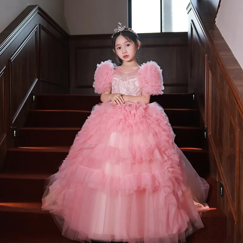 New Pink European style children piano performance dress drag tail flower girl princess skirt model catwalk dresses