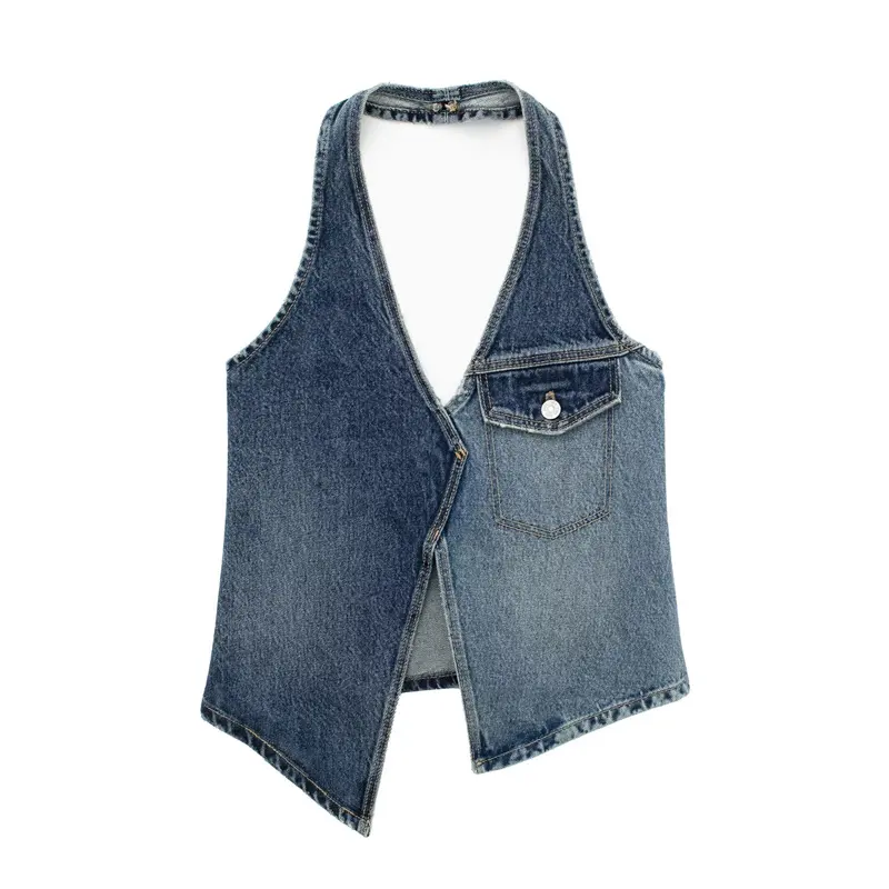 TAOP & ZA 2023 nouveau rétro licou col asymétrique poches contraste couleur Denim gilet gilet haut femmes en gros 4365274