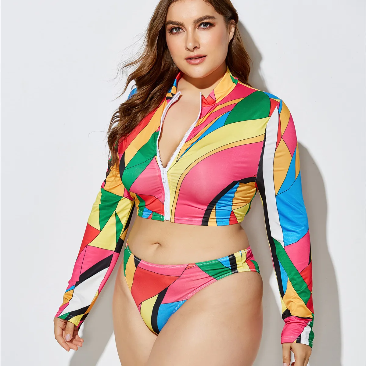 Großhandel Sexy Damen Dreiteilige Plus Size Tie Dye Print Reiß verschluss Badeanzüge Cover Ups Langarm Tanga Bikini Mit Bandana