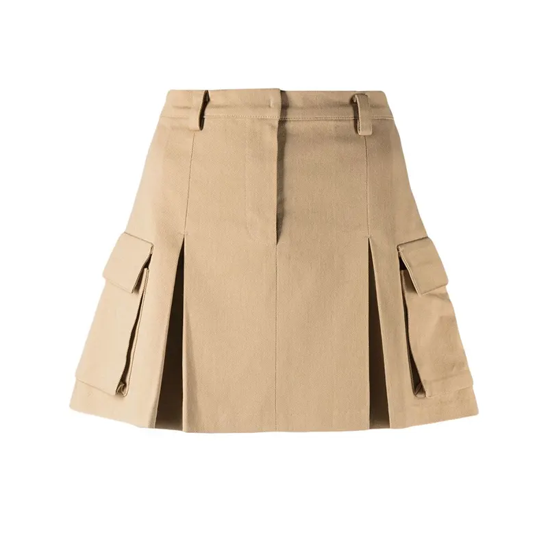Jupes décontractées en sergé de coton marron pour femmes, Mini-jupe Cargo plissée avec fermeture éclair et poches sur les côtés