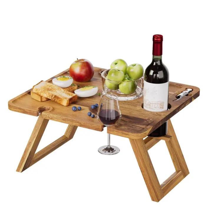 Legno di Acacia vino tavolo da Picnic, all'aperto piano basso tavolo da spiaggia portatile