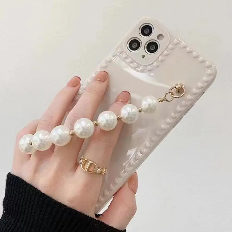 Cuore bianco Per iPhone di Caso Del Cuore Con Bracciale di Perle Brillante Bead Cassa Del Telefono di Caso Per il iPhone 11 12 Cinghia di Perline