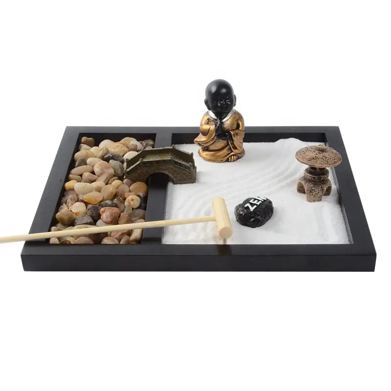 MDF Zen Garden Kit Set con rastrello sabbia bianca resina Buddha Figure Bridge Figure e River Rocks Base rettangolare nera
