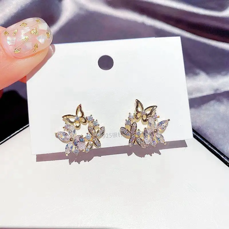 Orecchini in argento Sterling 925 con ago in zirconia a farfalla orecchini in cristallo con orecchini in ottone placcato oro per ragazze