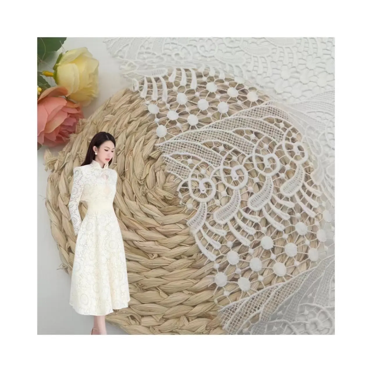 Fabricación de telas de bordado de guipur de encaje geométrico de novia de bajo precio para ropa
