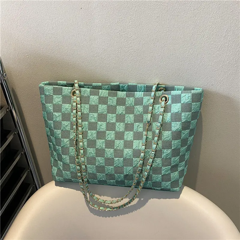 Sac fourre-tout à carreaux à carreaux de grande capacité sac à bandoulière avec sangle de chaîne pour les filles sac de bureau pour les dames en vente de gros et bon marché