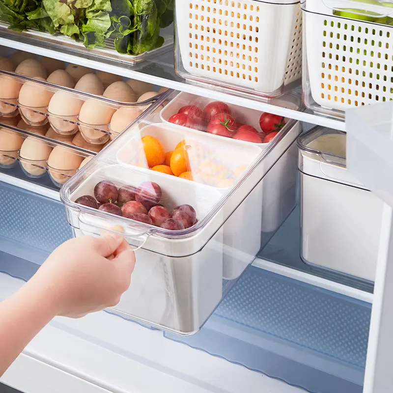 Hot Selling 5 Piece Stackable Refrigerator Storage Box Drawer Storage Basket Lid Removable Drain Tray Food Storage Container