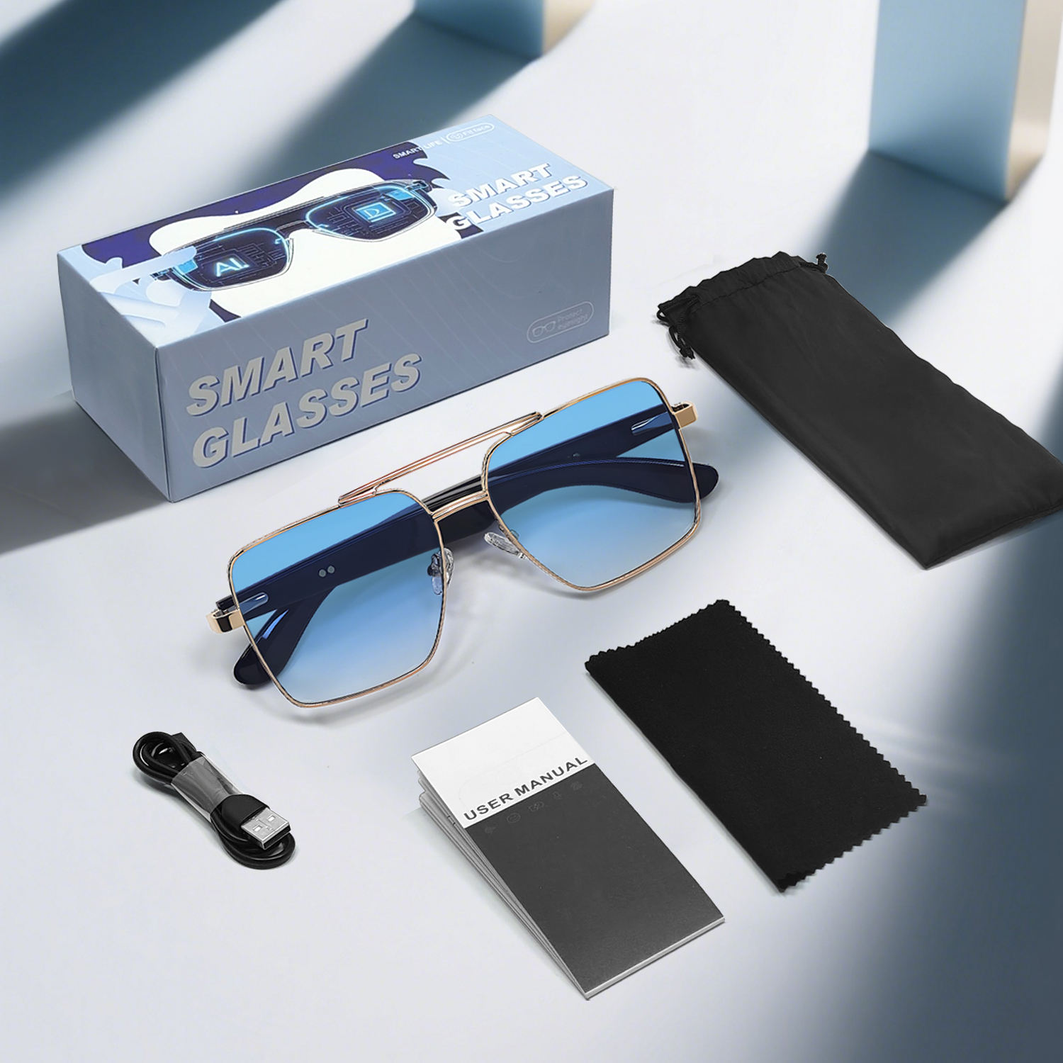 gold-rimmed blue-color lenses