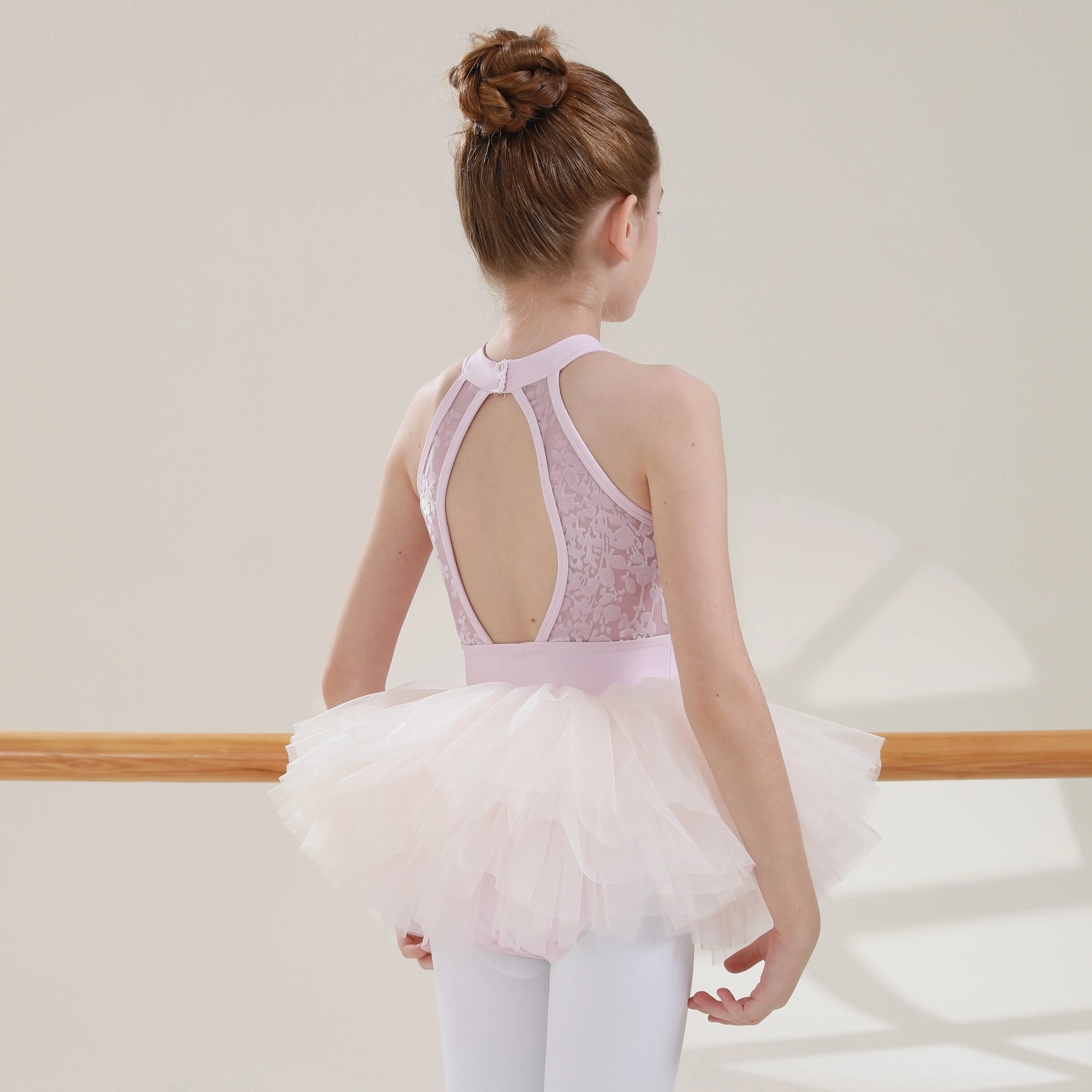 Nueva moda popular Gran oferta precio competitivo cuello alto quemar terciopelo nailon spandex baile entrenamiento Ballet tutú vestido para niña