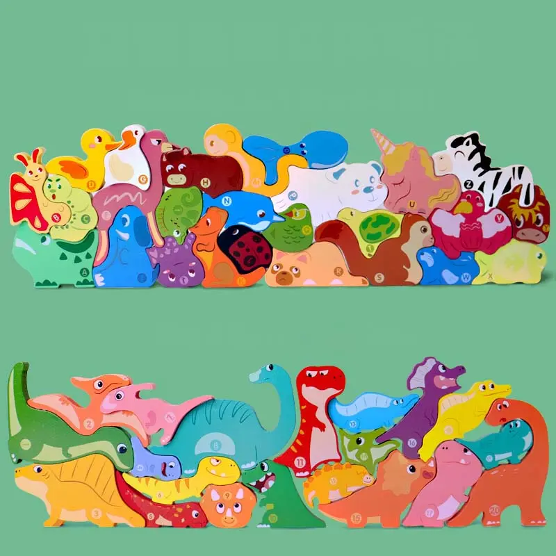 Houten Dier Puzzel Speelgoed Voor Kind Educatief 3d Multi-Play Alfabet En Nummer Leren Dier En Dinosaurus Stapel Bouwsteen