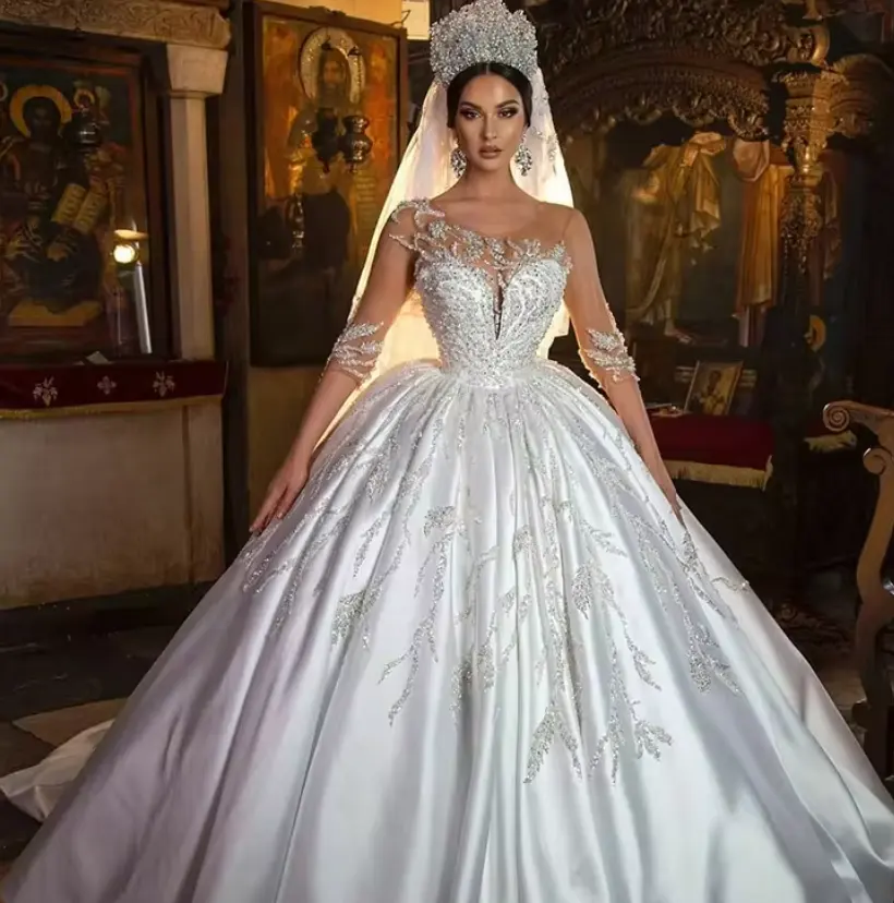 Gaun pernikahan lengan panjang berpayet manik-manik gaun pengantin buatan kustom Retro garis A gaun pengantin untuk wanita